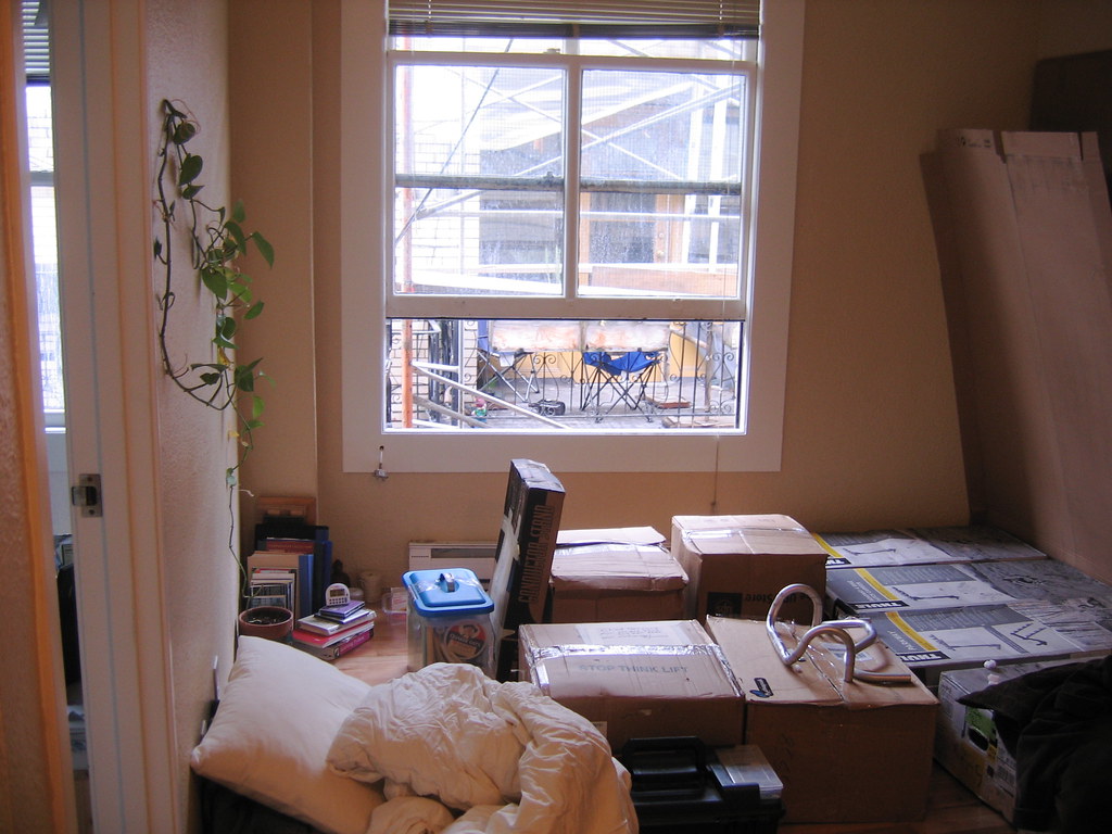 Stacked cardboard moving boxes