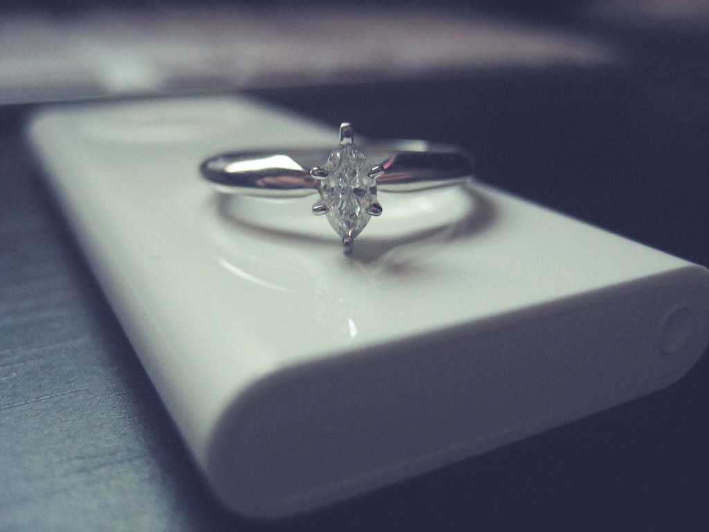 A close-up of an engagement ring